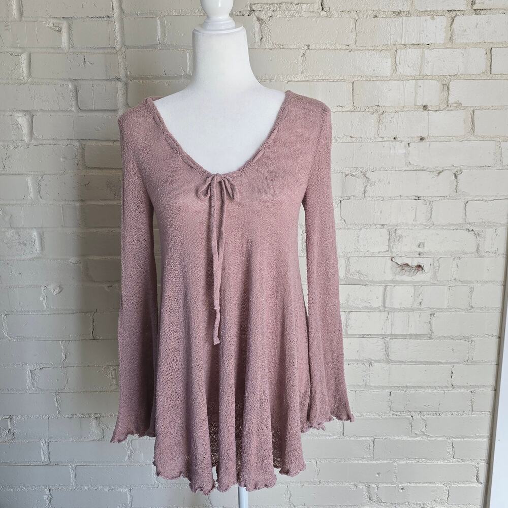 Free People Beach | Mauve Knit Tunic Tie Front | Flare Sleeve Cottagecore Boho M